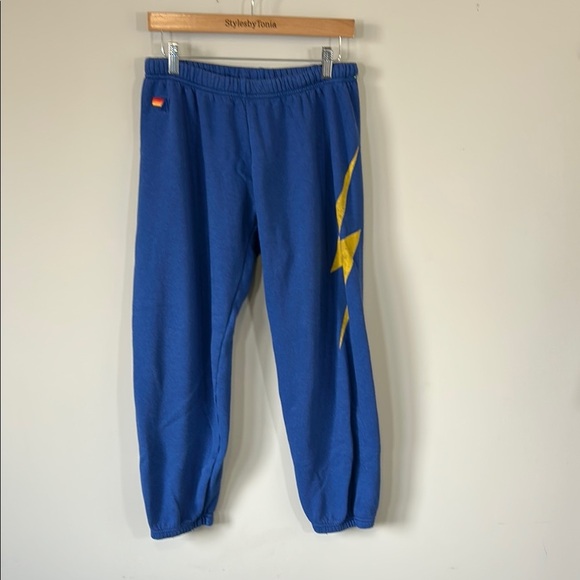Aviator Nation Bolt Sweatpants Hand Sewn Blue Cinched Ankle Trendy Comfy Sz L - Picture 3 of 15